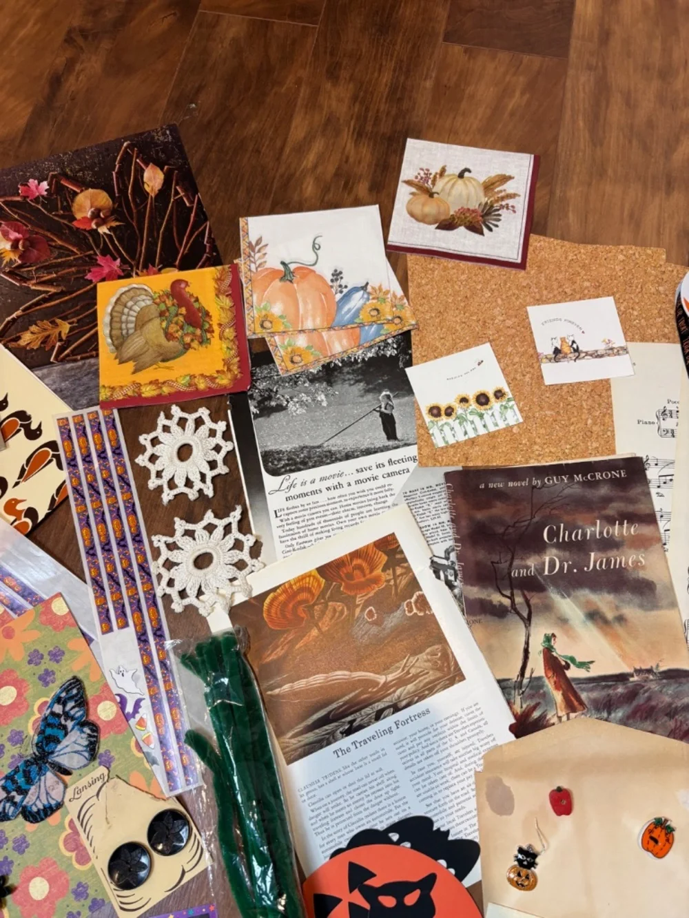Lot of 50+ pieces Autumn Halloween-themed junk journal ephemera and craft items